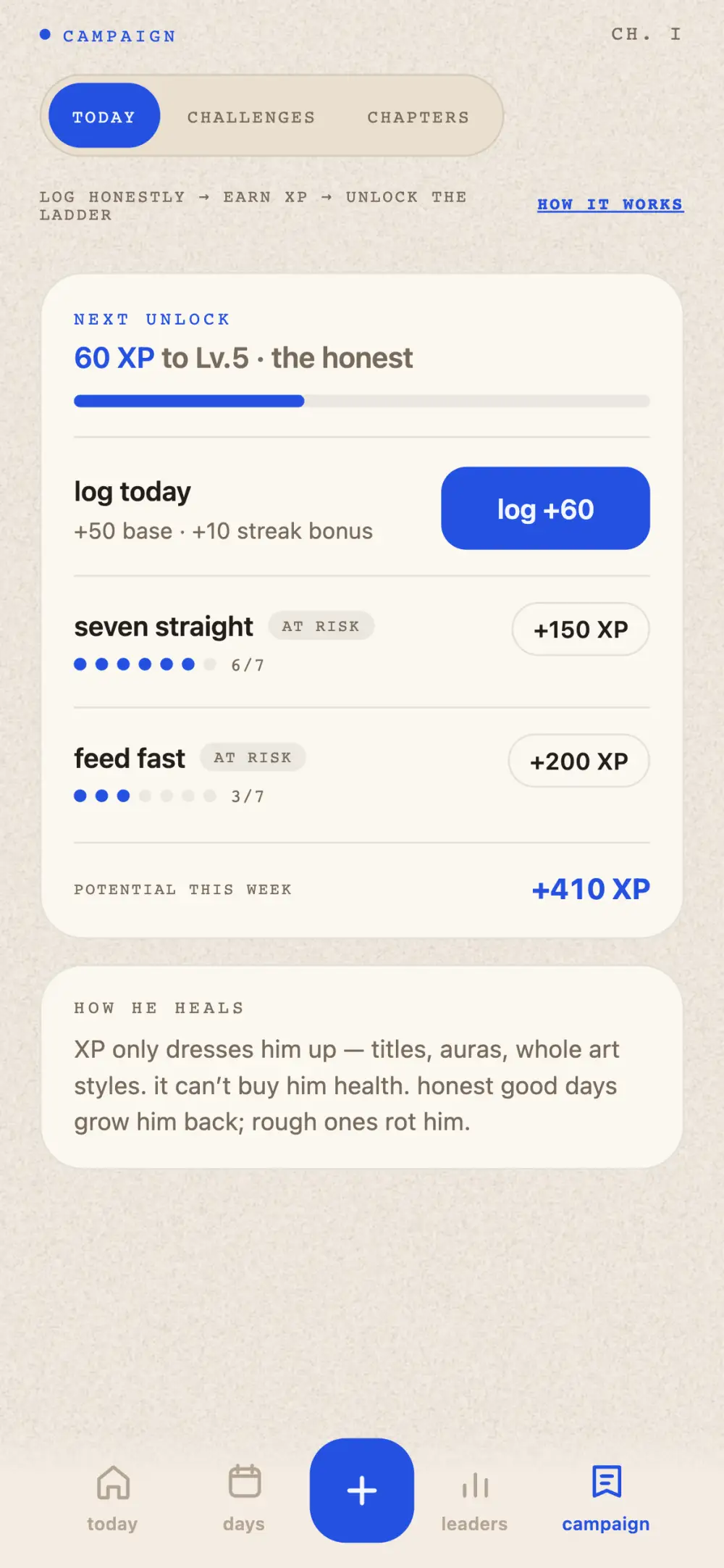 Campaign screen: the next unlock at 60 XP to level five the honest, a daily earn ledger with challenges, and the potential XP this week