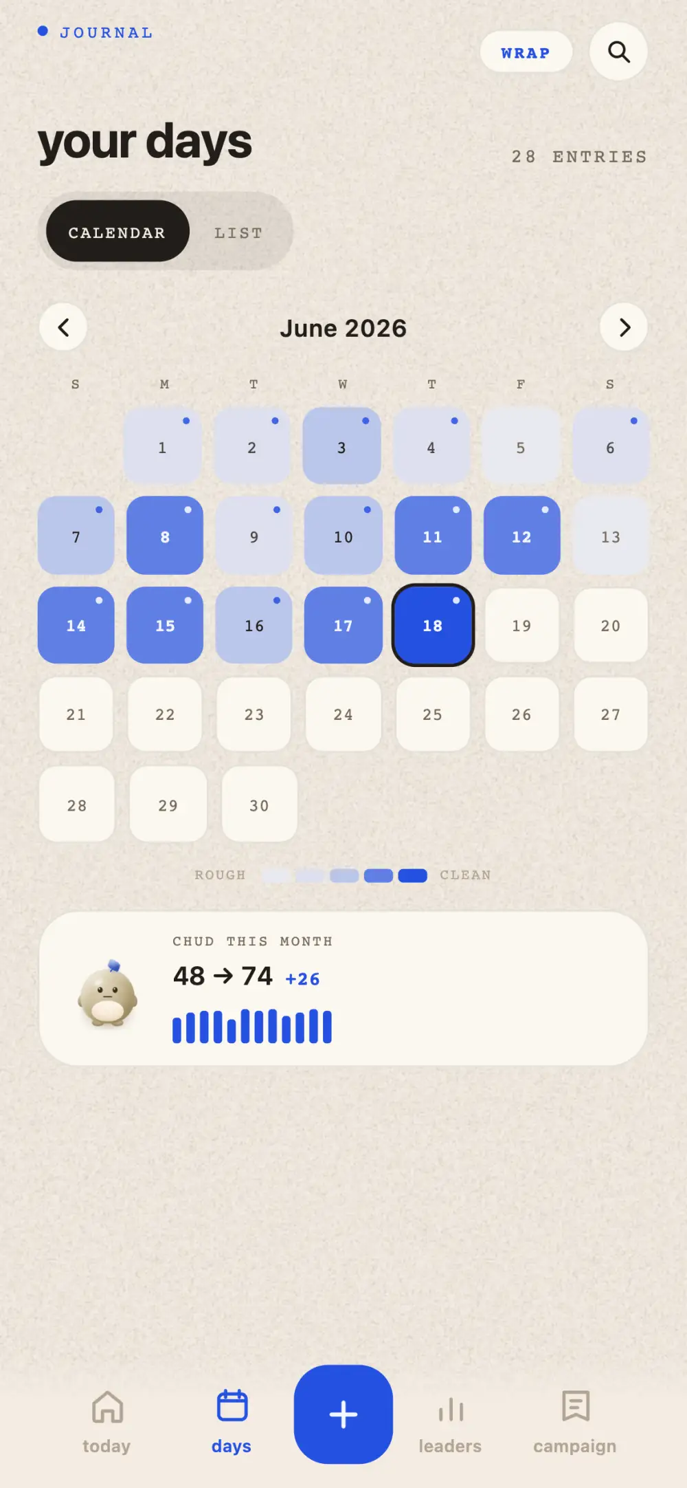 Your days calendar for June: each logged day shaded deeper sapphire for a cleaner score, a rough-to-clean legend below the grid, and future days left blank