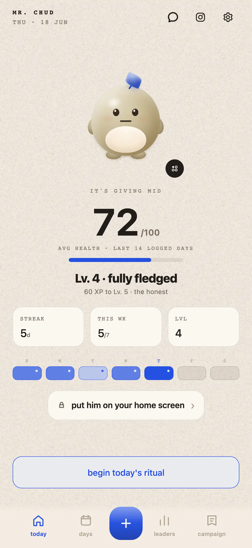 Mr. Chud home screen: the clay mascot under the line it's giving mid, a 72 out of 100 average health over the last 14 logged days, level 4 fully fledged with 60 XP to go, and an outlined begin today's ritual button
